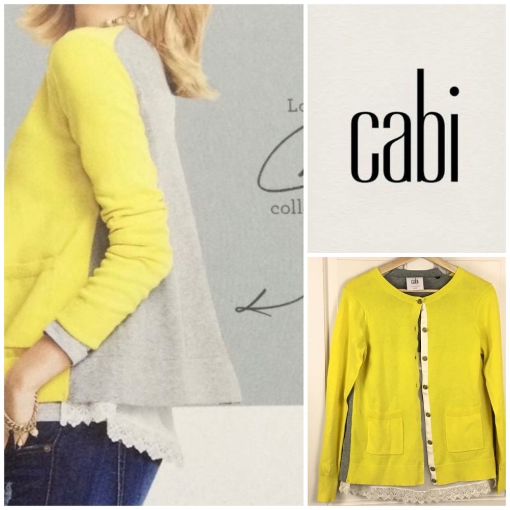 CAbi Yellow and Gray Cardigan Sweater with Lace Trim in the Rear